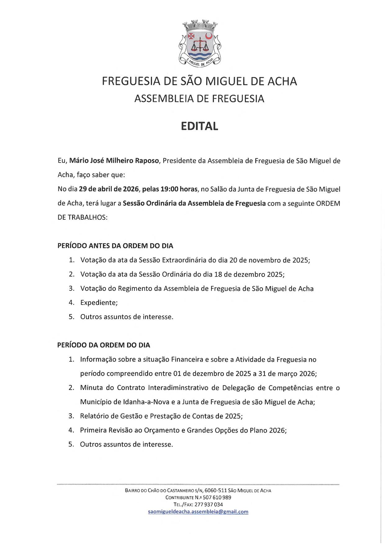 ASSEMBLEIA DE FREGUESIA – 29.04.2026