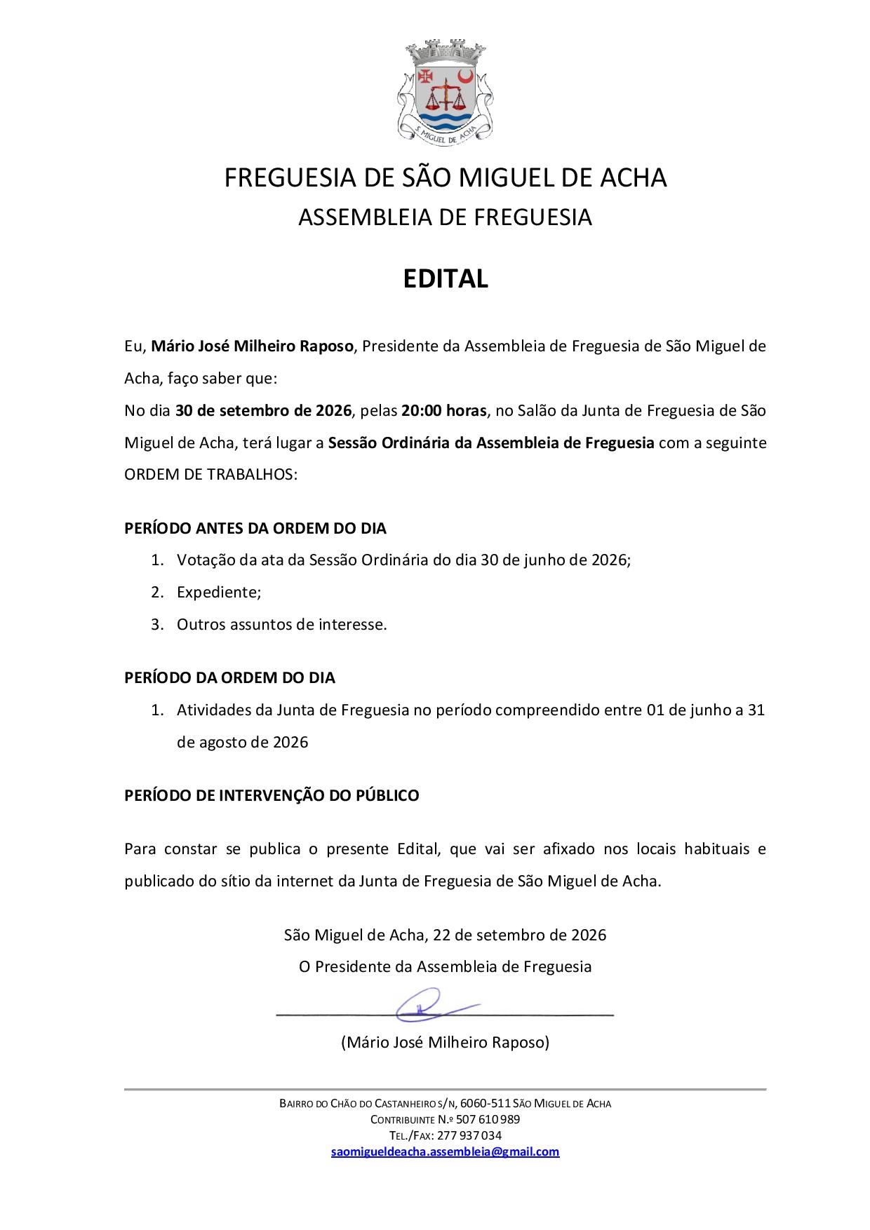 Edital – Sessão Ordinária da Assembleia de Freguesia – 30.09.2026